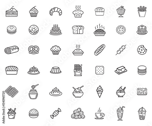 42 Delicious Bakery, Pastry, and Food Item Icons . Free Vector Set Featuring Cakes, Bread, Muffins, Chocolate Bar, Honey Jar, Boba Tea, Milkshake, Birthday Cake, Croissant, Pancake, Donuts, and More 