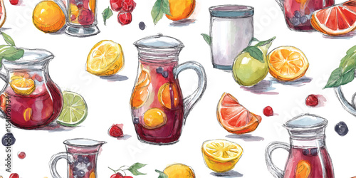 Sangria Pitchers and Citrus Fruits Seamless Pattern. Vibrant Summer Beverage Composition for design, textile, packaging, fabric, wallpaper, branding, stationery, wrapping paper interior decor.