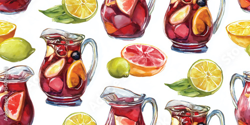 Sangria Pitchers and Citrus Fruits Seamless Pattern. Vibrant Summer Beverage Composition for design, textile, packaging, fabric, wallpaper, branding, stationery, wrapping paper interior decor.