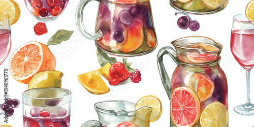 Sangria Pitchers and Citrus Fruits Seamless Pattern. Vibrant Summer Beverage Composition for design, textile, packaging, fabric, wallpaper, branding, stationery, wrapping paper interior decor.