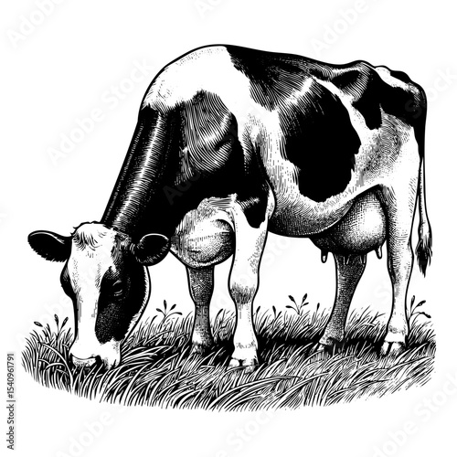 Cow grazing sketch engraving black and white outline. Scratch board imitation.  illustrated in vintage line art style on a white background.