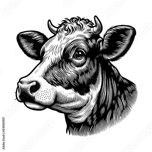 Dairy cow sketch engraving black and white outline. Scratch board imitation.  illustrated in vintage line art style on a white background.