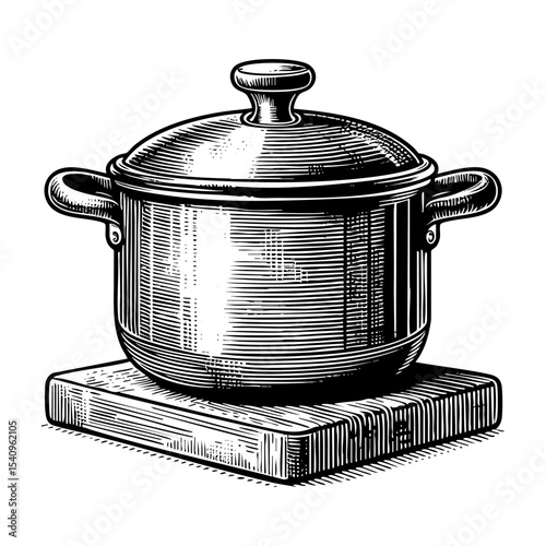 Kitchen pot sketch engraving black and white outline. Scratch board imitation.