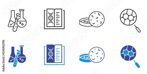 Science solid flat and line icons set. Biology, laboratory, experiment, scientist, research, physics, chemistry, scientific activity icons. Editable simple vector illustration