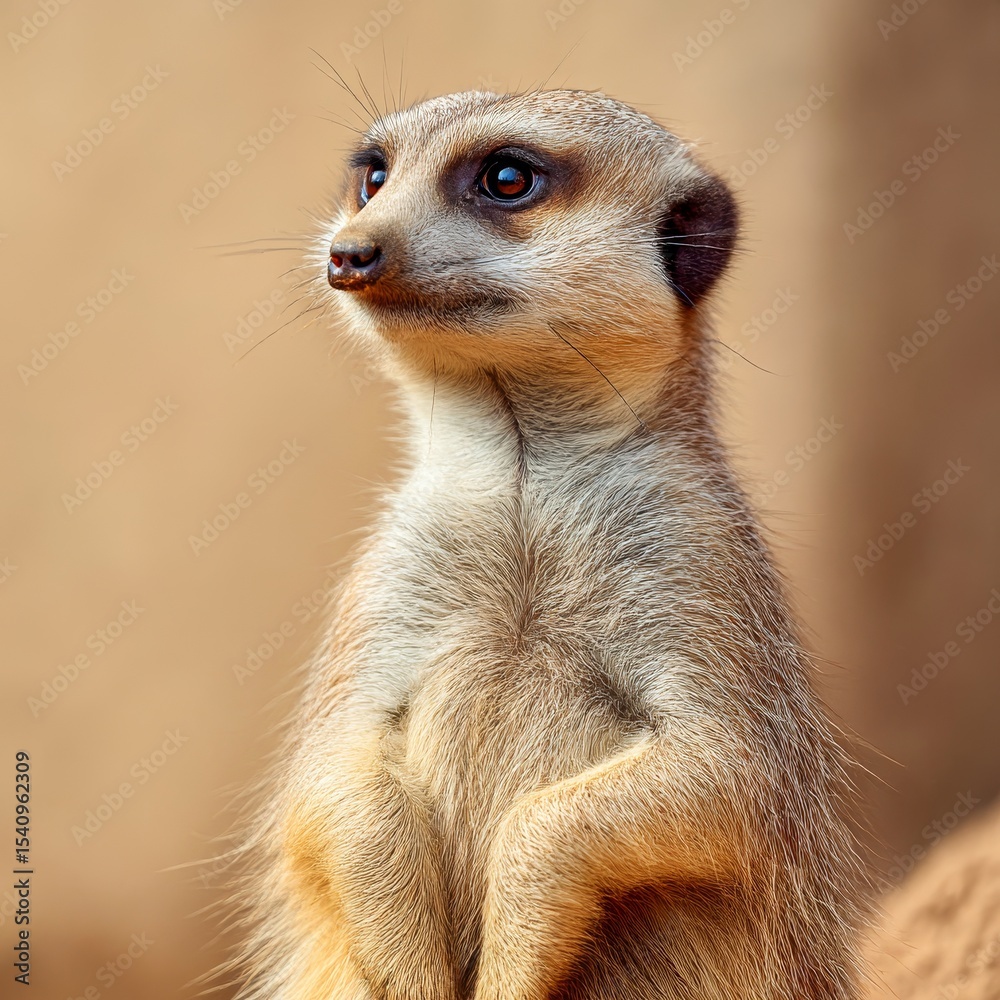 Fototapeta premium a meerkat standing alert with front paws held together isolated on sandtone background animal communication theme