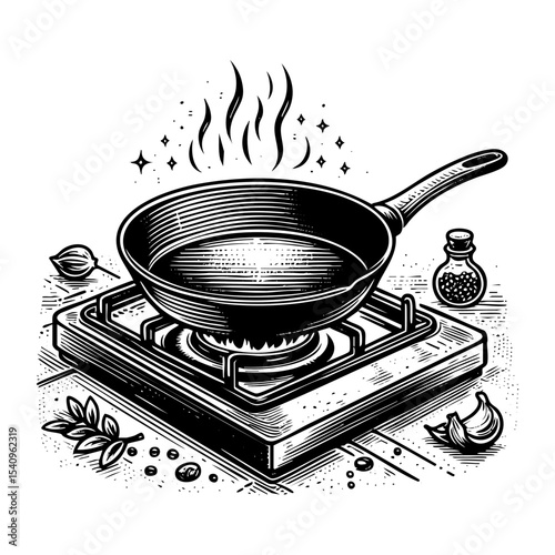 Frying pan sketch engraving black and white outline. Scratch board imitation.