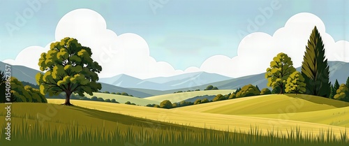 Vibrant Nature Scene: Lush Meadow, Mountains, Clouds, and Rolling Hills Against a Bright Blue Sky. A cartoon landscape with a lone tree in the middle of a grassy field.