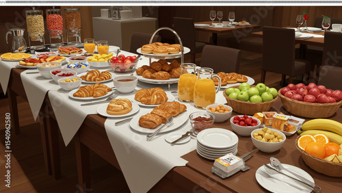 Breakfast Buffet: A vibrant spread of breakfast fare awaits, offering a tantalizing selection of food, perfect for a delightful start to the day. The scene captures the essence of culinary enjoyment.