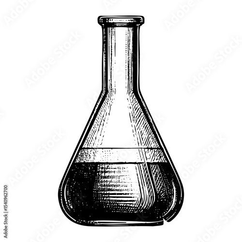 Beaker and erlenmeyer sketch engraving black and white outline. Scratch board imitation.  illustrated in vintage line art style on a white background.