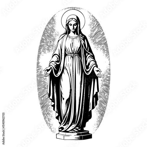 Virgin mary engraving black and white outline. Scratch board imitation. illustrated in vintage line art style on a white background.