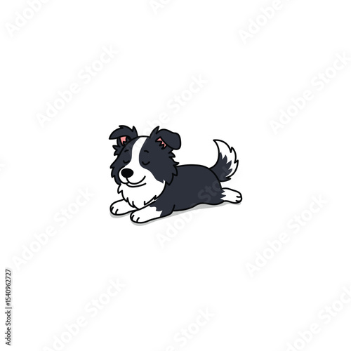 Cute border collie dog lying down with its eyes closed cartoon, looking peaceful and happy, vector illustration