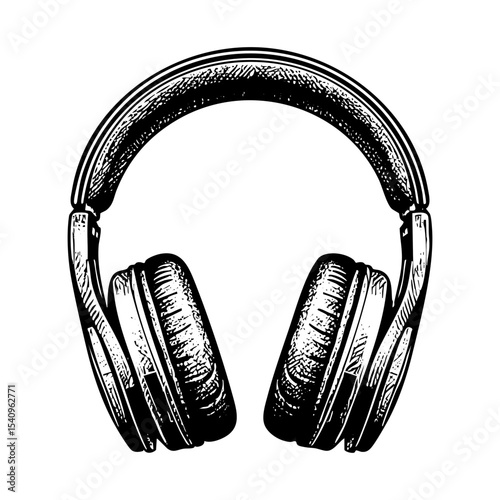 Headphone engraving black and white outline. Scratch board imitation.  illustrated in vintage line art style on a white background.