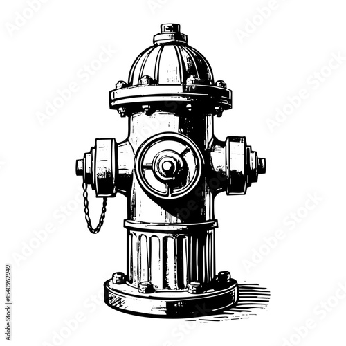 Water hydrant engraving black and white outline. Scratch board imitation.  illustrated in vintage line art style on a white background.