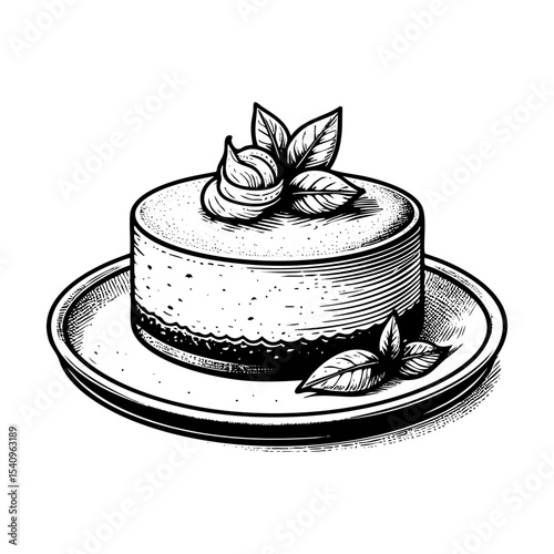 Strawberry cheesecake sketch engraving black and white outline. Scratch board imitation.