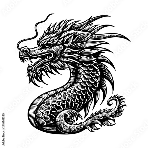 Dragon engraving black and white outline. Scratch board imitation.  illustrated in vintage line art style on a white background.