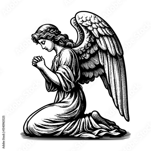 woman angel kneeling sketch engraving black and white outline. Scratch board imitation.  illustrated in vintage line art style on a white background.