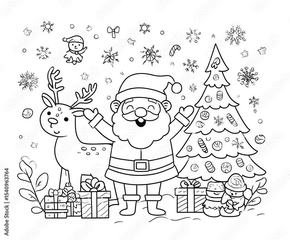 Fototapeta premium Christmas and Winter Holiday Coloring Pages – Santa Claus, Reindeer, Snowmen, and Festive Scenes