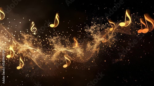 Elegant golden music notes swirl through a dark background creating a magical atmosphere filled with rhythm and harmony in a mesmerizing visual display