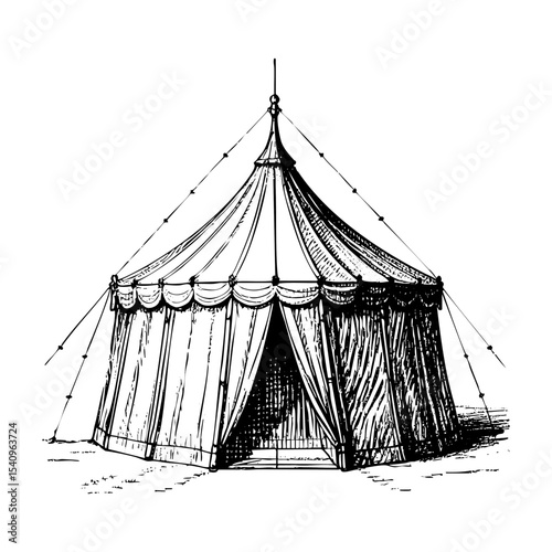 Circus tent engraving black and white outline. Scratch board imitation.  illustrated in vintage line art style on a white background.