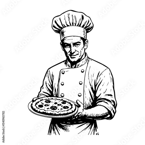 Chef holding pizza engraving black and white outline. Scratch board imitation.  illustrated in vintage line art style on a white background.
