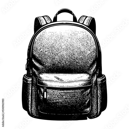 Student backpack sketch engraving black and white outline. Scratch board imitation.  illustrated in vintage line art style on a white background.