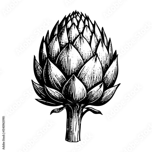 Artichoke sketch engraving black and white outline. Scratch board imitation.  illustrated in vintage line art style on a white background.