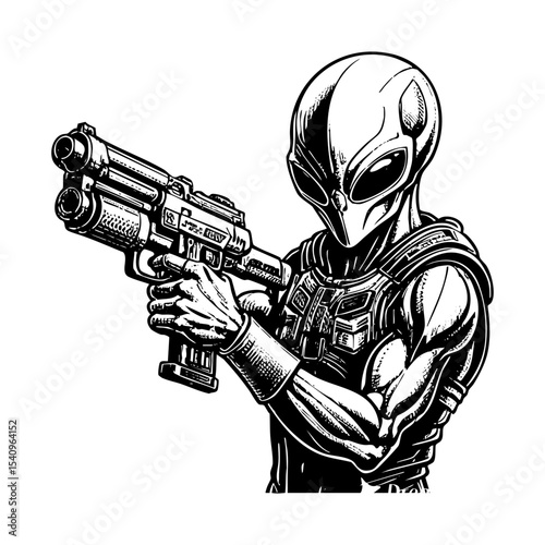 Alien holding gun sketch engraving black and white outline. Scratch board imitation.  illustrated in vintage line art style on a white background.