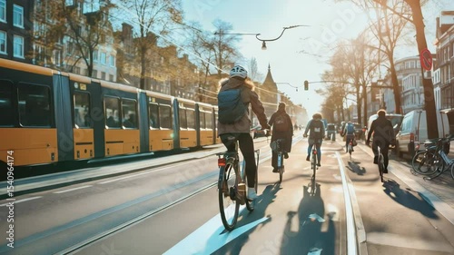 Cyclists enjoying a sunny day in Amsterdam navigate through the streets filled with trams and beautiful historic architecture