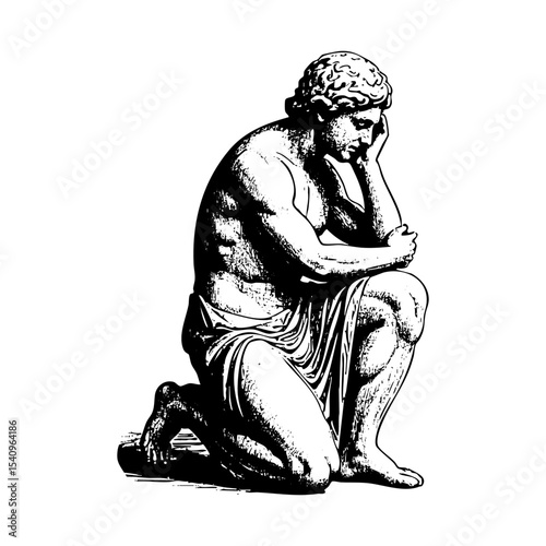 Thinker statue sketch engraving black and white outline. Scratch board imitation.