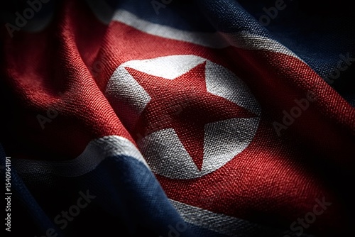Close up view of the north korean flag waving, showcasing its vibrant colors and symbolic communist star, representing the democratic people's republic of korea