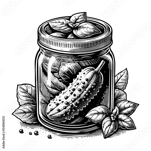 Cucumber pickle in jar engraving black and white outline. Scratch board imitation.