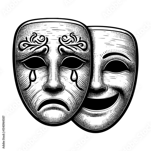 sad and smile mask sketch engraving black and white outline. Scratch board imitation.