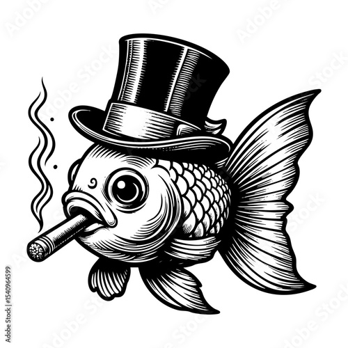 gold fish wear top hat and smoking cigar sketch engraving black and white outline. Scratch board imitation.  illustrated in vintage line art style on a white background.