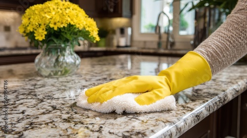 High-Quality Stock image of housekeeper wearing yellow gloves cleaning granite countertop in the kitchen.