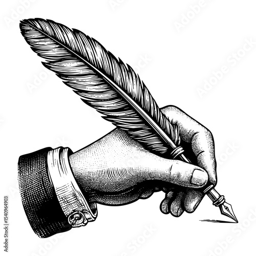 Hand hold quill pen sketch engraving black and white outline. Scratch board imitation.
