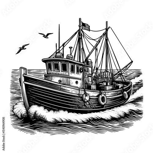 fishing boat sketch engraving black and white outline. Scratch board imitation.