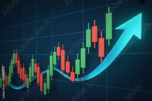 Stock market chart showing upward trend with candlestick patterns.