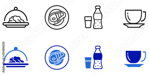 Restaurant and food flat and line icon set. Menus, meals, dining, drinks, cafes, bars, delivery, culinary branding, food and restaurants icons. Editable vector illustration. logo for mobile apps web.