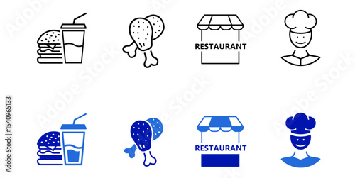 Restaurant and food flat and line icon set. Menus, meals, dining, drinks, cafes, bars, delivery, culinary branding, food and restaurants icons. Editable vector illustration. logo for mobile apps web.