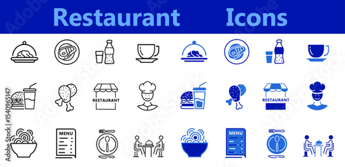 Restaurant and food flat and line icon set. Menus, meals, dining, drinks, cafes, bars, delivery, culinary branding, food and restaurants icons. Editable vector illustration. logo for mobile apps web.