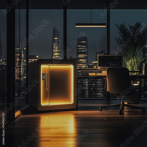 A minimalist safe glowing in a sleek office symbolizing prudent planning SEO Prudence, safety, planning, security, wisdom Focus on the safe Square
