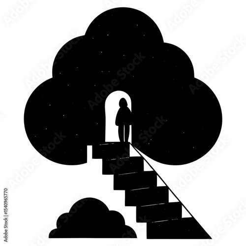 Silhouette person ascending stairs to light