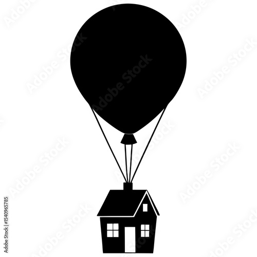 Black silhouette of house lifted by hot air balloon