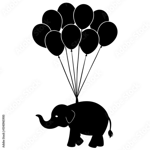 Baby elephant flying with balloons silhouette