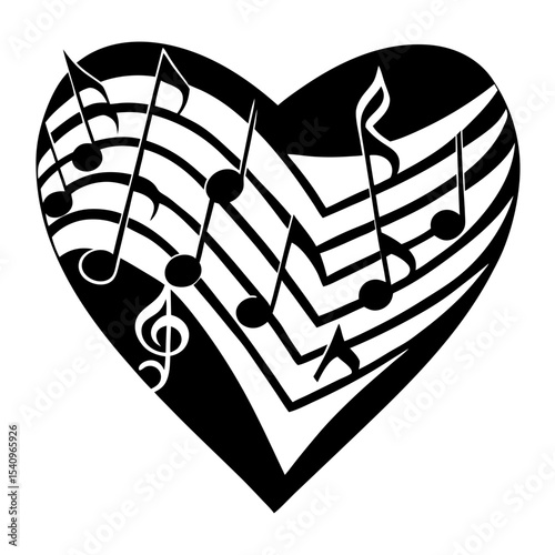Black and white heart shaped musical notes design