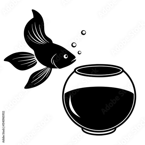 Black and white fish jumping into fishbowl