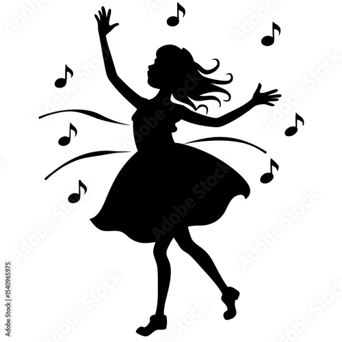 Silhouette of girl dancing with musical notes