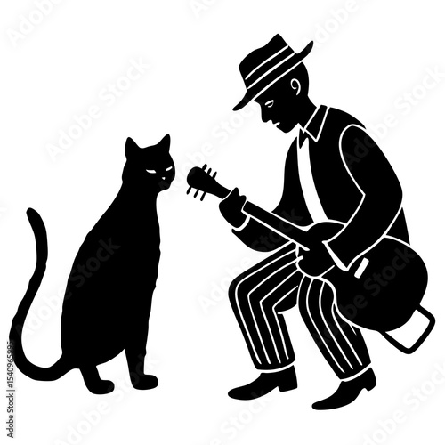 Silhouette of musician playing guitar for cat