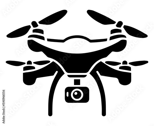 A black and white drone logo with a camera on a white isolated background. Vector graphics. EPS.