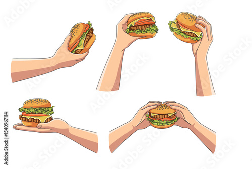 Hand holding burger collection in vector.